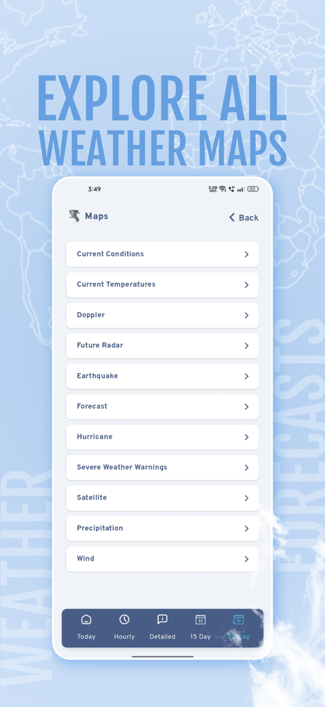 MyForecast - MyForecastアプリのメニュー画面。ドップラーレーダー、ハリケーン追跡、異常気象警報を含む利用可能な天気図のリストを表示