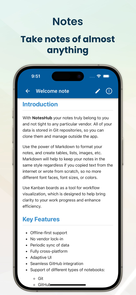 NotesHub app welcome note displaying key features like Markdown support and Git integration