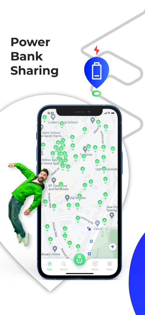 Mobile app interface of PowerApp Sharing showing a map with numerous power bank rental station locations