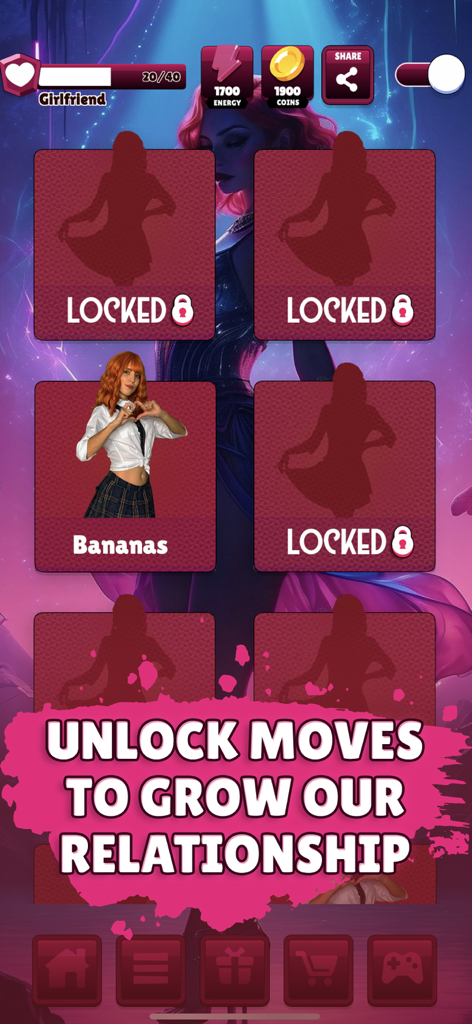 A menu in the Pocket Love Gamer Girl app showing a grid of locked moves and one unlocked action titled Bananas featuring a girl in a schoolgirl outfit