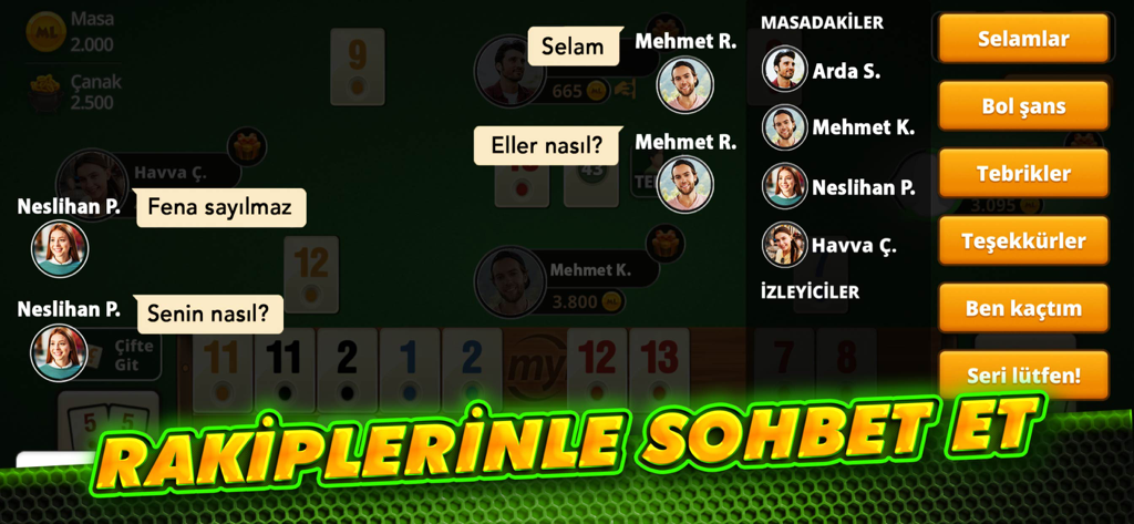 Çanak Okey - Mynet Oyun - Gameplay of Canak Okey showing players using the live chat feature and social buttons during a match