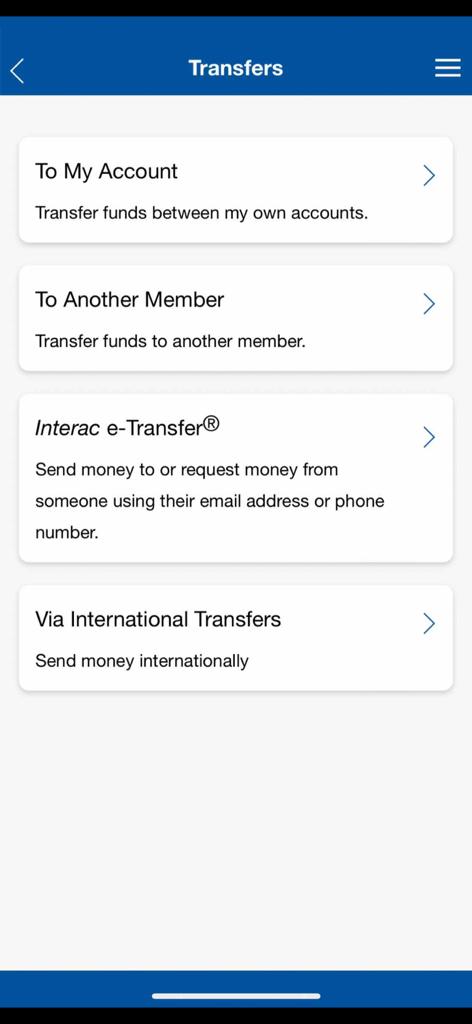Northern Credit Union app screen showing options for account transfers and Interac e-Transfer