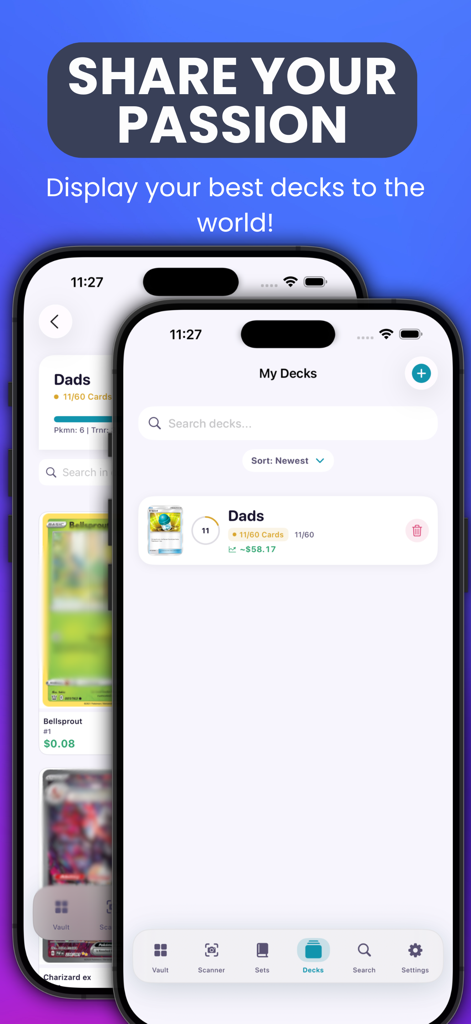 Poke TCG Vault - Card Value - Captura de pantalla de la aplicación Poke TCG Vault que muestra una pantalla de gestión de mazos con una lista de mazos personalizados y sus valores de mercado.