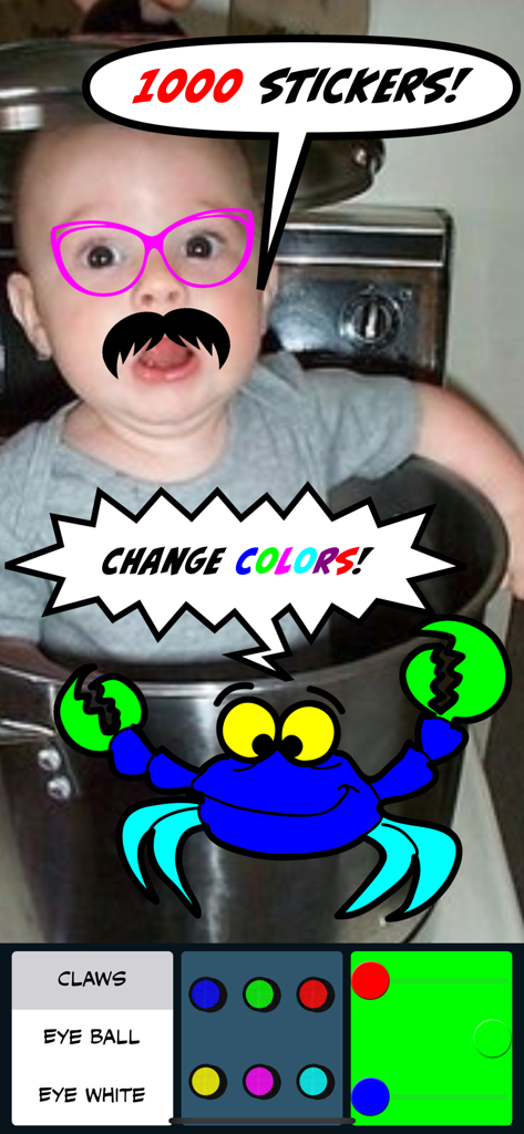 Comic Caption Meme Maker Lite - Comic app interface showing a baby photo with stickers and color customization tools