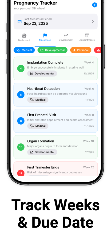 OB Pregnancy Calculator - OB Pregnancy Calculator app interface showing a list of weekly pregnancy milestones and development dates