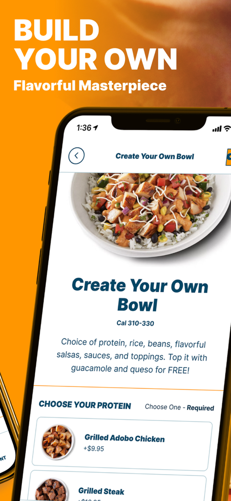 QDOBA Mexican Eats - Interface of the QDOBA app for building a custom bowl with free guacamole and queso options.