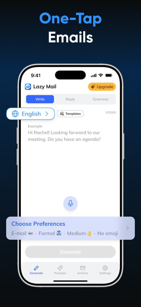 AI Email Writer: Lazy Mail - Lazy Mail app interface showing one-tap email generation with customizable tone and preferences.