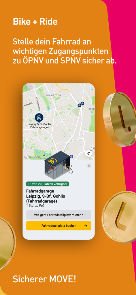 LeipzigMOVE App-Oberfläche zeigt die Bike and Ride-Funktion zur Buchung von sicheren Fahrradabstellplätzen in einer Stadtkarte