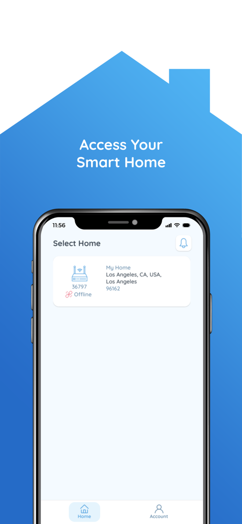 Rently Smart Home - iPhone screenshot showing the Rently Smart Home app Select Home interface with a listed property in Los Angeles