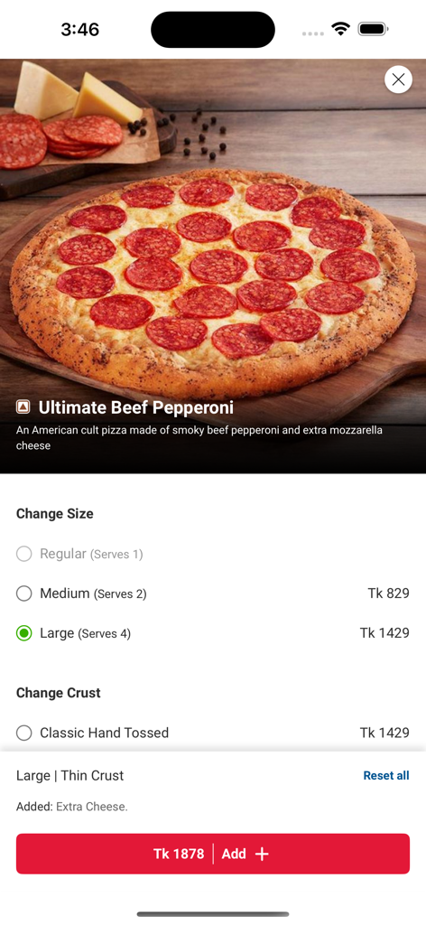 Customization screen for an Ultimate Beef Pepperoni pizza on the Dominos Pizza Bangladesh app showing size and crust options