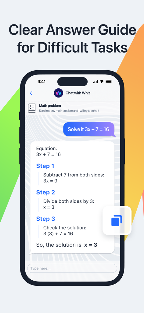 Whiz: Homework, Math AI Helper - Whiz app interface displaying a step by step math solution