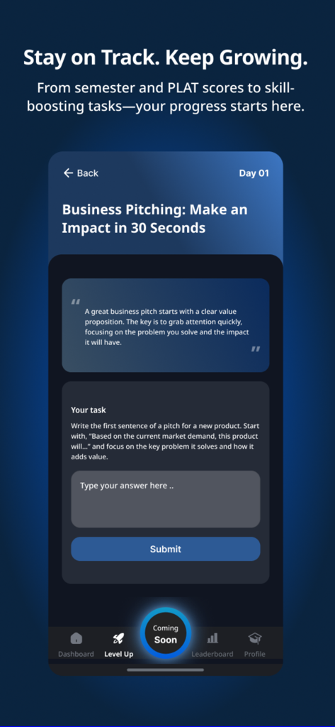 A screen from the Offee Super App showing a micro-task for practicing a 30-second business pitch.