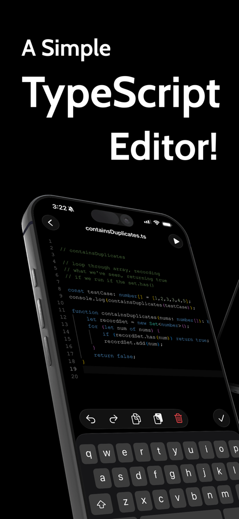 TypeScript Editor - TypeScript Editor mobile app interface showing a code snippet on an iPhone in dark mode