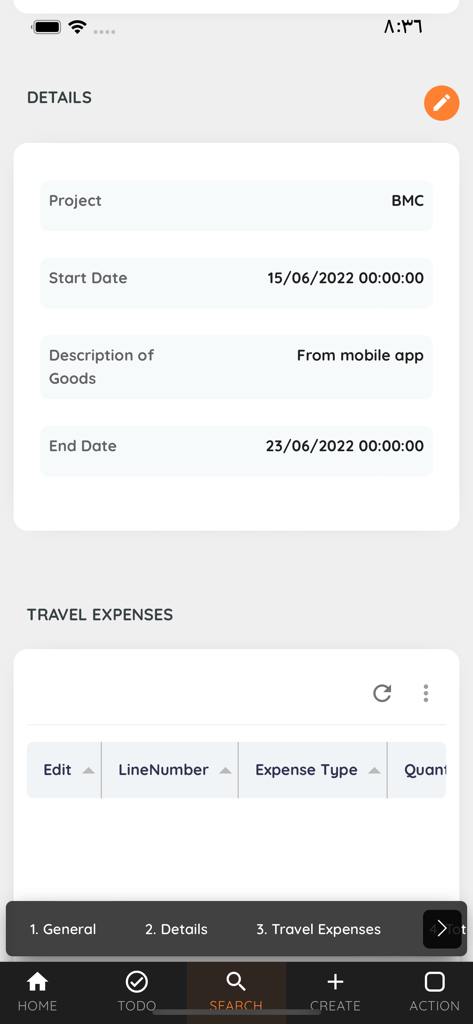 SpectroNova Mobile App-Oberfläche mit Leasingprojekt-Details und einer Tabelle zur Verfolgung von Reisekosten