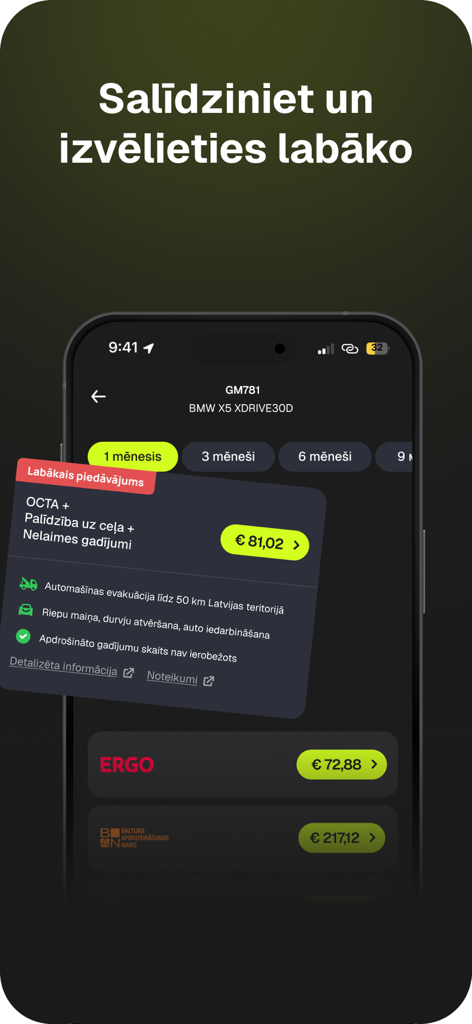 Octas.lv - apdrošināšana - Interfaccia dell'app Octas.lv che confronta diversi preventivi e fornitori di assicurazioni auto