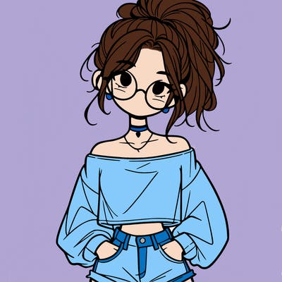 girl with a messy ponytail glasses a baggy crop top and jean shorts