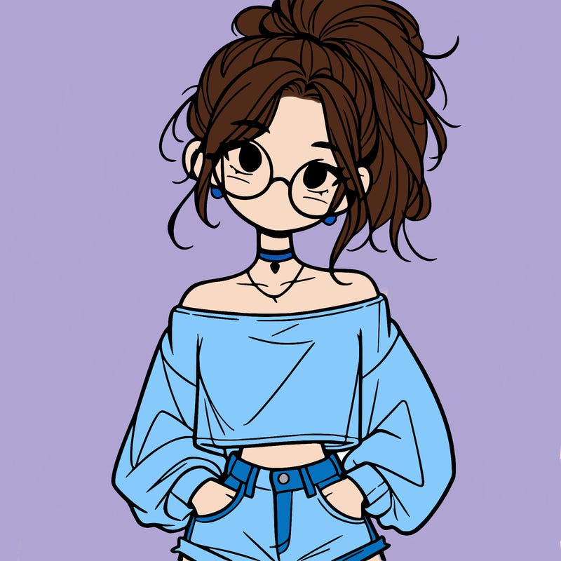 girl with a messy ponytail glasses a baggy crop top and jean shorts