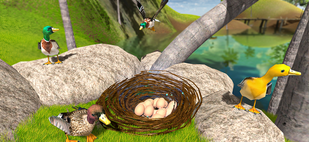 Flying Duck Life Simulator - Several ducks gathered around a nest filled with eggs in a natural landscape.