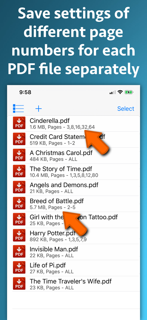 結合のためにカスタムページ範囲が選択されたドキュメントのリストを示すPDF結合・マージのインターフェイス