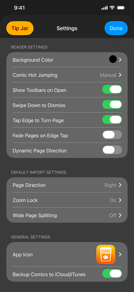 The settings menu of the iComics app showing reader preferences and import configuration options.
