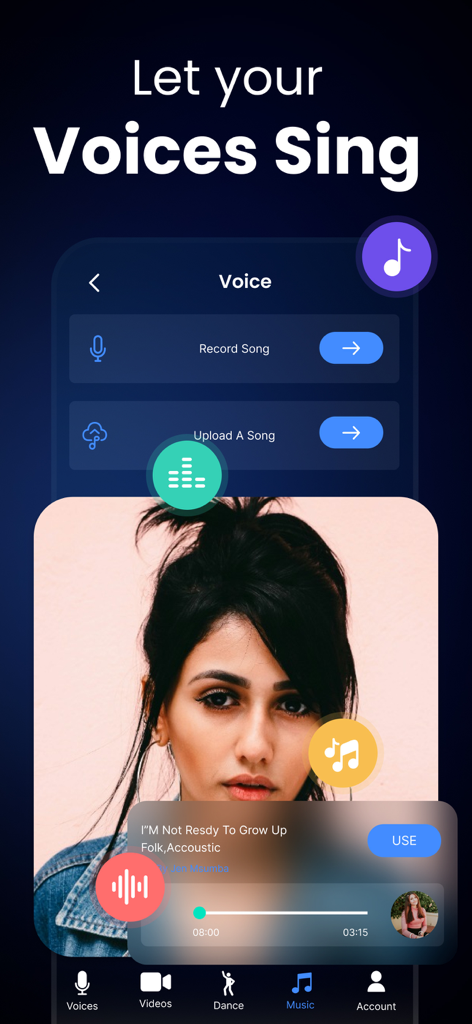 Clony AIモバイルアプリのインターフェース、クローンした声で歌わせる機能が表示され、録音または曲のアップロードオプションがあります。