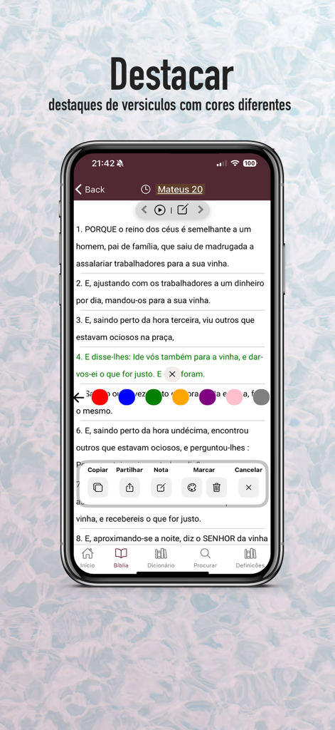 Bíblia Almeida Atualizada - Interface do aplicativo da Bíblia ARA mostrando um versículo destacado em verde com um menu de seleção de cores para estudo pessoal