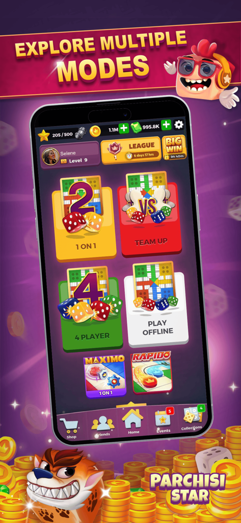 Una captura de pantalla de la aplicación Parchisi STAR mostrando varios modos de juego, incluyendo 1 CONTRA 1, Equipo, 4 Jugadores y Jugar Sin Conexión.