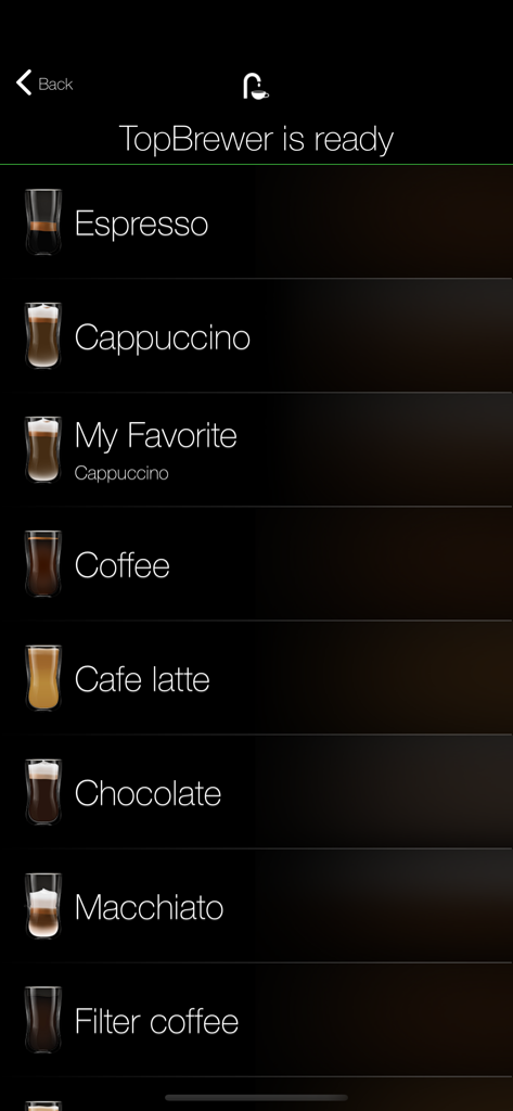 TopBrewer app drink selection menu with various coffee options and favorites