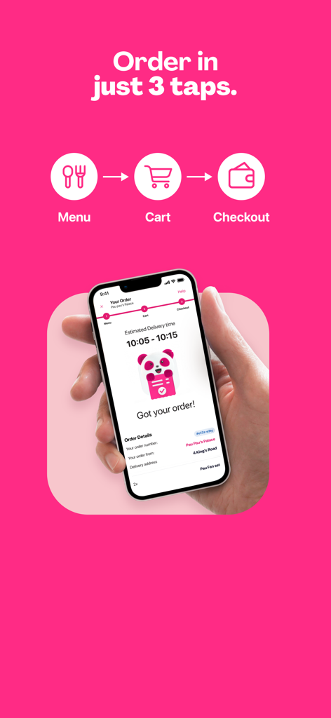 Graphic showing the foodpanda app three-tap ordering process from menu to checkout on a pink background