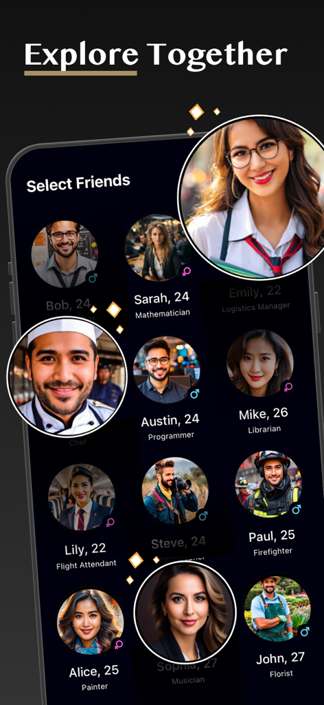 Whisper Muse Mind - Una pantalla en la aplicación Whisper Muse Mind que muestra una variedad de perfiles de personajes de IA con nombres y profesiones para la interacción del usuario.
