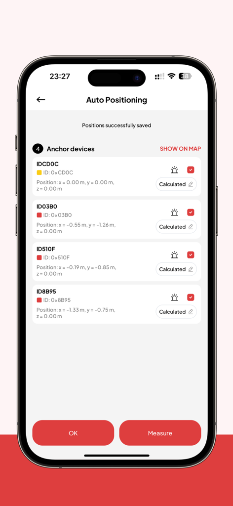 LEAPS Manager App-Oberfläche, die den Bildschirm für die automatische Positionierung mit berechneten Koordinaten für vier Ankergeräte anzeigt.