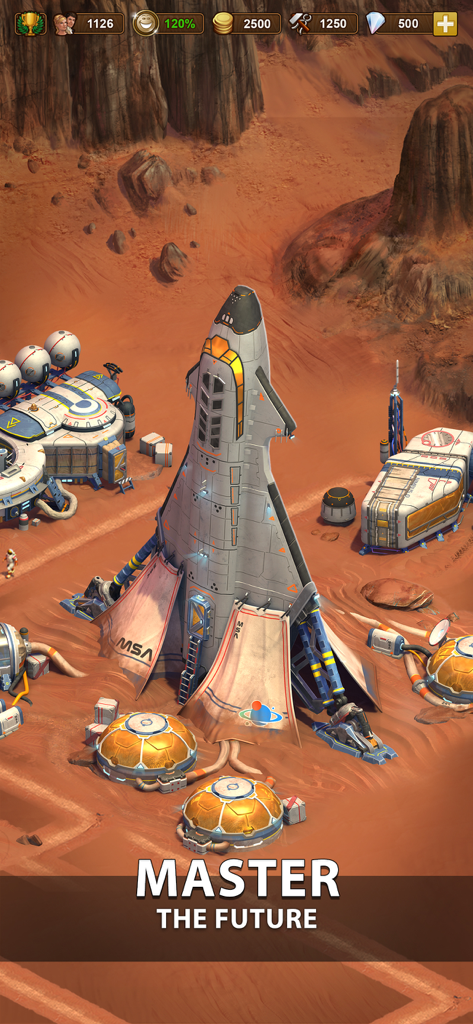 Forge of Empires: Build a City - Colonia spaziale futuristica con un razzo su un pianeta rosso in Forge of Empires