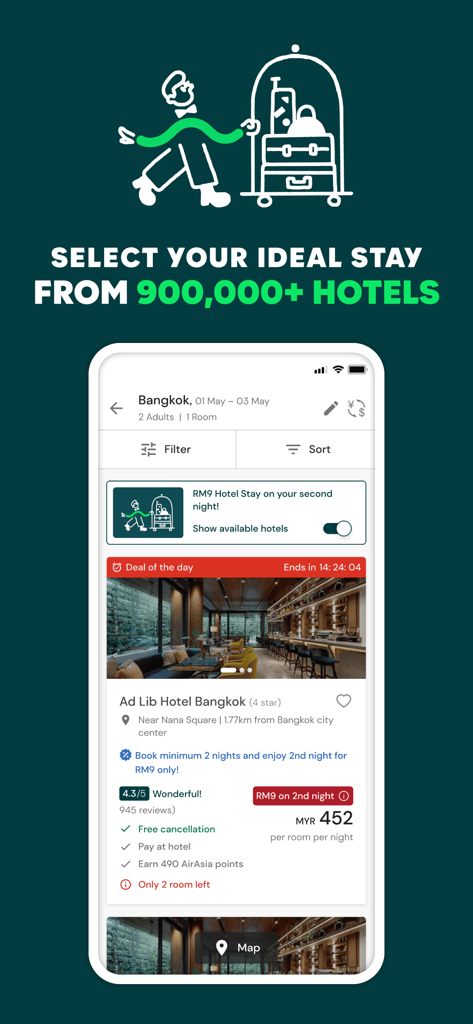 Interfaccia dell'app AirAsia MOVE per prenotazioni alberghiere a Bangkok con oltre 900.000 strutture e offerte di viaggio esclusive.