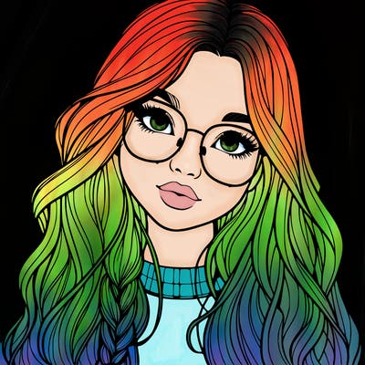 girl with long hair and freckles and glasses realistic