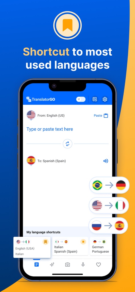 Translator GO app interface featuring quick language shortcuts for efficient travel translation