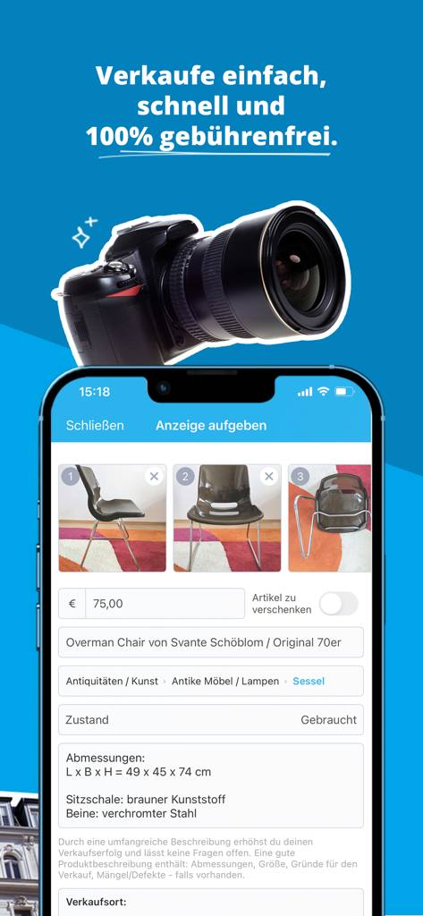 willhaben - Screenshot of the willhaben app interface showing a user creating a new listing for a vintage chair