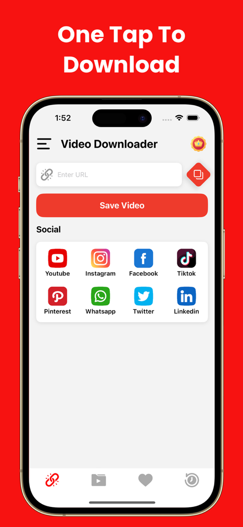 Hauptbildschirm der Video Downloader All in One App mit Verknüpfungen zu sozialen Medien und einer URL-Eingabe zum einfachen Speichern von Videos.