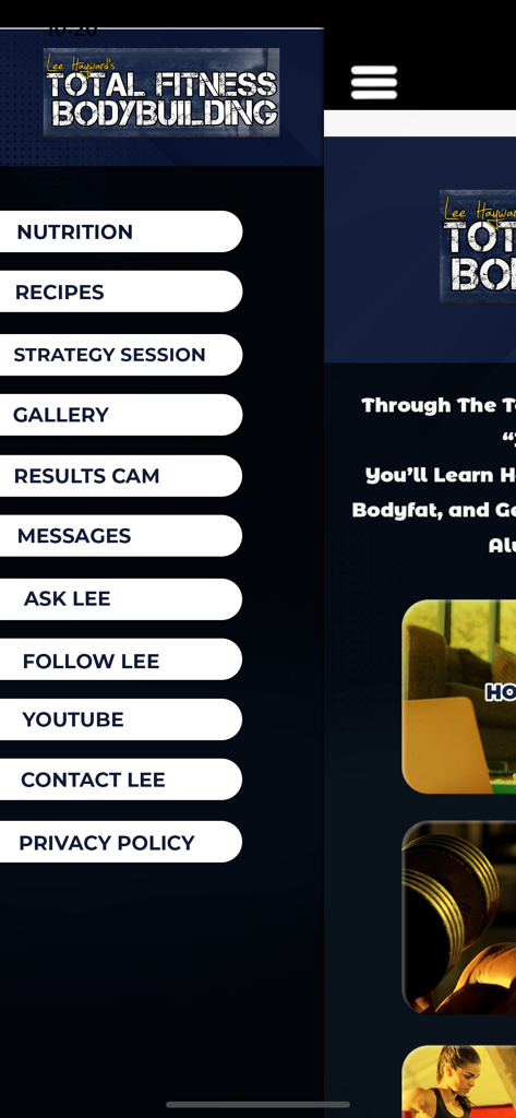 Menú de navegación lateral de la aplicación Total Fitness Bodybuilding