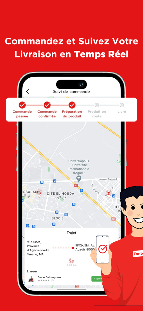 Fantastic: Orders Delivery - Pantalla de seguimiento de entrega en tiempo real en la aplicación Fantastic con mapa y barra de estado