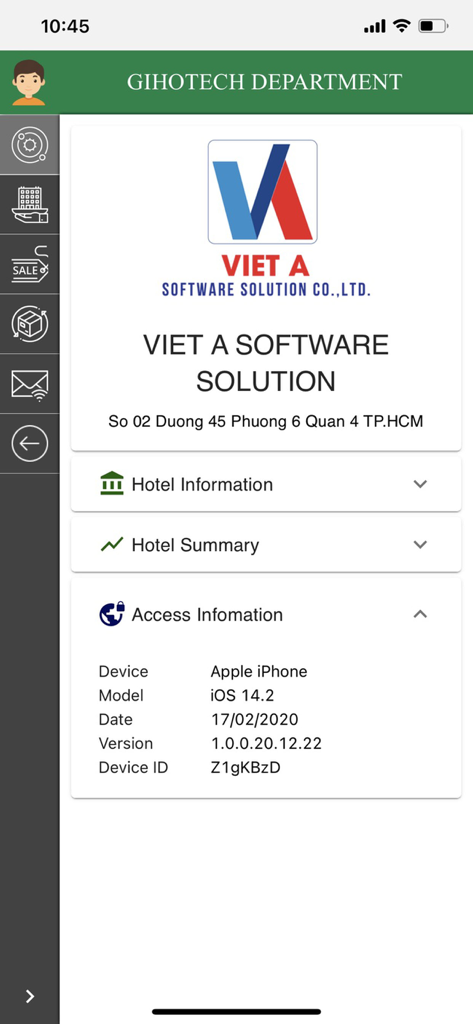 GiHoTech Front Office - Bildschirm der GiHoTech Front Office-App mit Geräte-Zugriffsinformationen und Versionsdetails für das Hotelmanagement