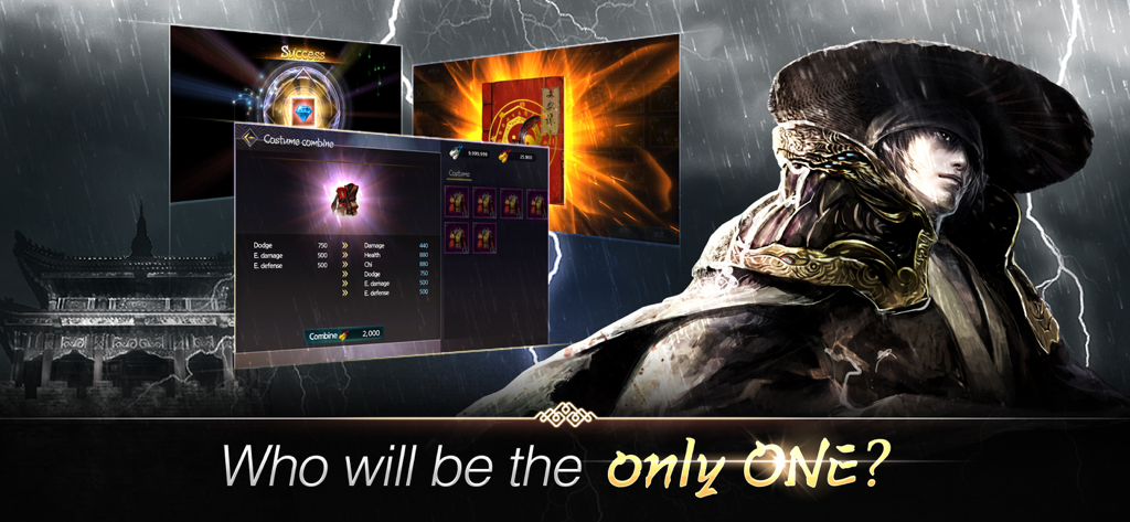 TwelveskyM - Un guerrero de artes marciales junto a las pantallas de mejora de equipo del personaje y combinación de vestuario en TwelveSky M