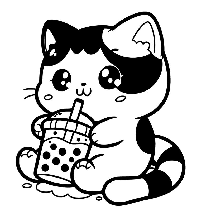 an adorable simple calico cat on its back, drinking boba