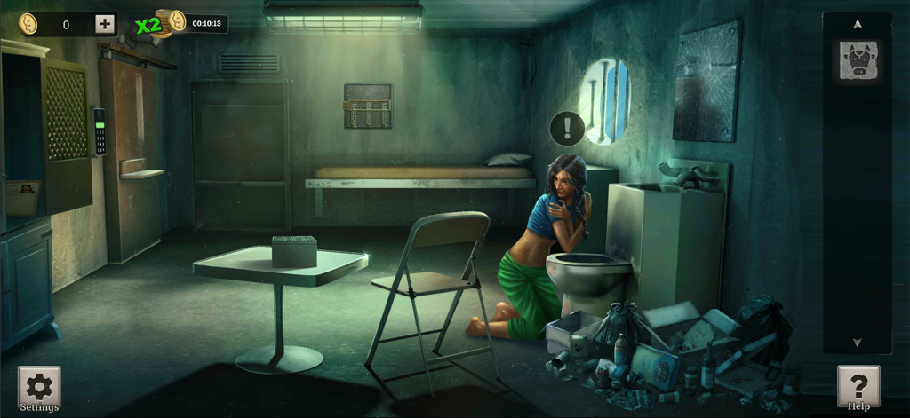 정신병원 탈출 게임에서 찾아야 할 물건이 있는 어두운 병동 감방에 무릎을 꿇고 있는 여성