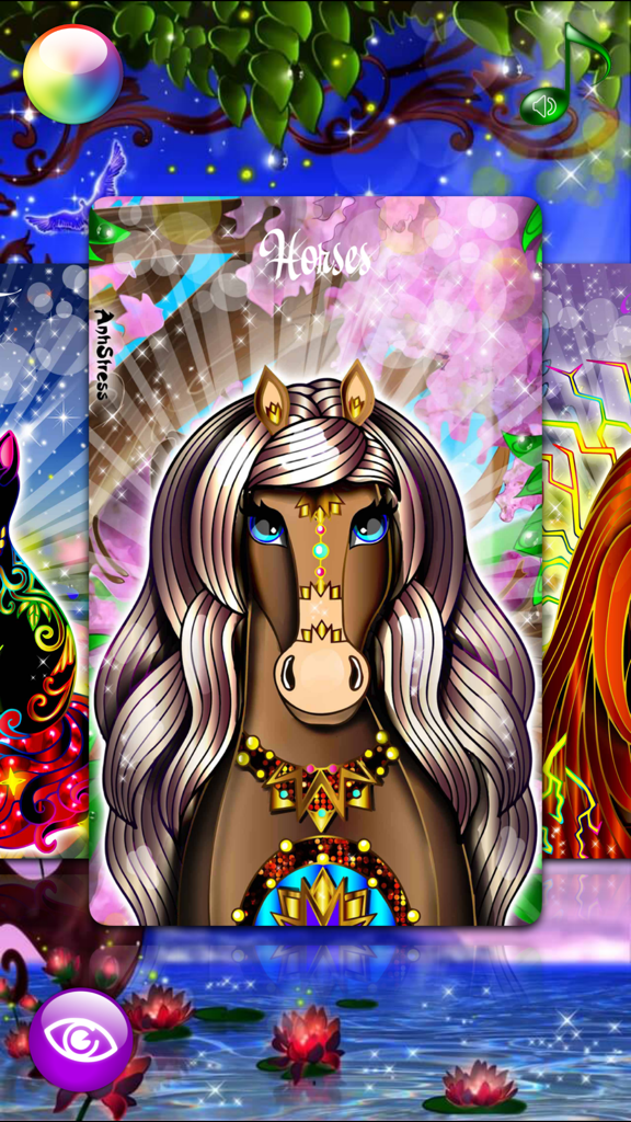 Adult Coloring Books with Fun Games for Adults - A detailed and vibrantly colored fantasy horse illustration in an adult coloring app for stress relief.