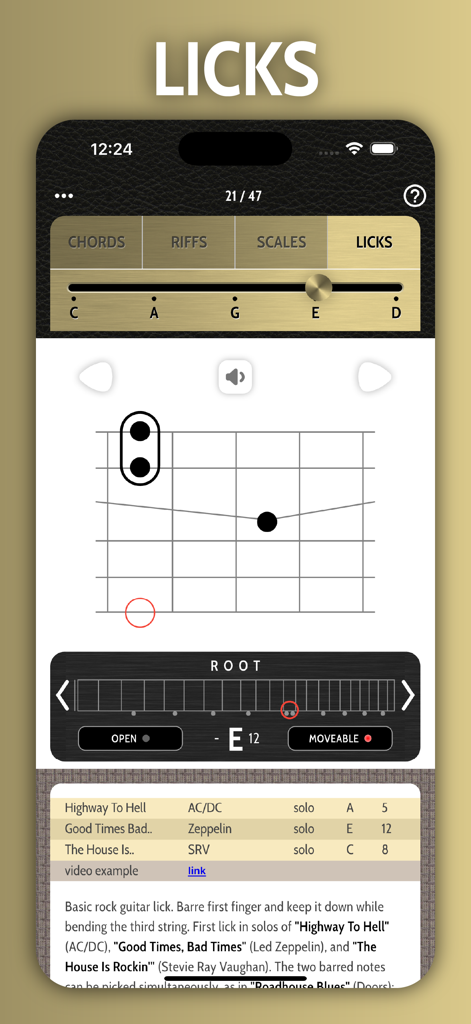 Ein visuelles Gitarrenlick-Diagramm, das ein Griffbrettmuster mit berühmten Rocksong-Beispielen wie AC/DC und Led Zeppelin zeigt.