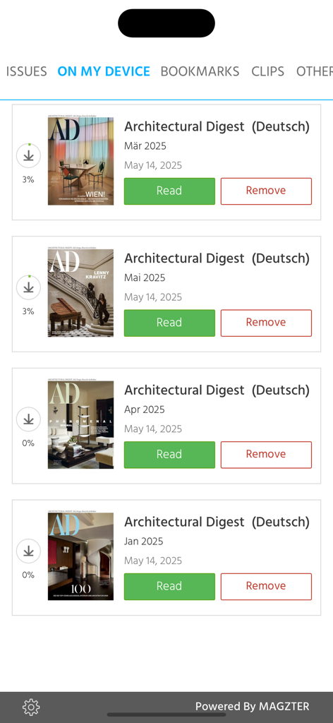 Architectural Digest (Deutsch) - 라이브러리에 다운로드된 호를 보여주는 Architectural Digest Deutsch 앱