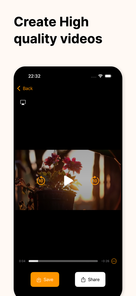AI Video: Image to Video Maker - Interfaz que muestra un vídeo de flores generado por IA con opciones de guardar y compartir