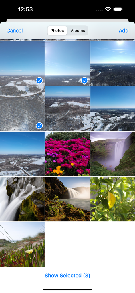 User interface of the Bimostitch app displaying a gallery grid with multiple photos selected for stitching