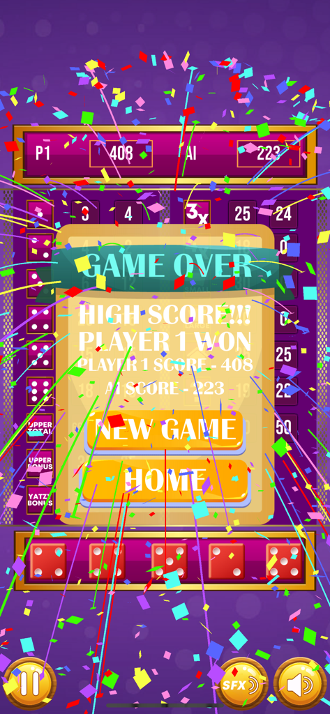 Yatzy Pro - Yatzy Pro game over screen showing Player 1 won with a high score and colorful confetti celebration