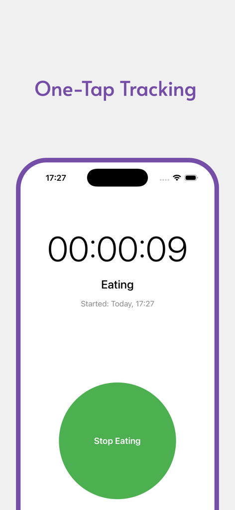 OMADアプリのワンタップ記録インターフェースを示すiPhoneのスクリーンショット。食事終了ボタンとタイマーが表示されています。
